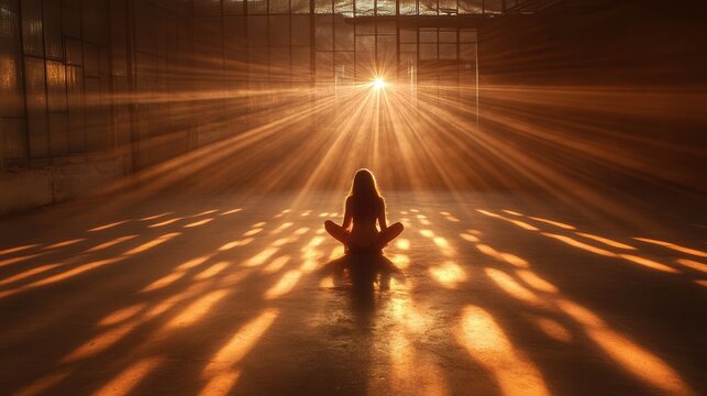 Silhouette of a woman in lotus pose, centered in a vast warehouse, bathed in sunbeams through high windows, casting radiant stripes. Dark form contrasts luminous light, evoking tranquility and
