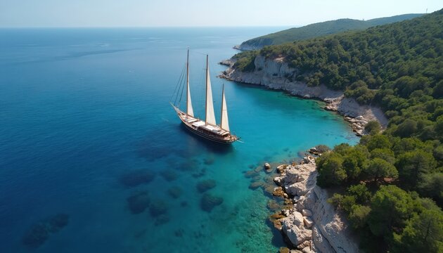 Wooden gulet boat sails on clear blue sea near rocky coast with green trees. Aerial view shows tranquil waters perfect for Mediterranean summer vacations and travel.