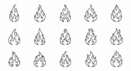 Fototapeta premium Collection of stylized flame icons in black outline on a white background