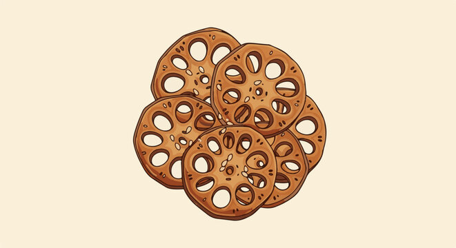 Close-up of thinly sliced, circular brown root vegetables with visible holes