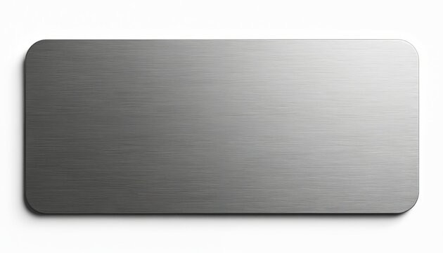 Brushed metal rectangle with rounded corners sits isolated on white. Blank silver name tag for custom engraving or printing. Ready for your text or logo.