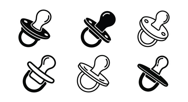 Black and white icons depicting various baby pacifiers silhouette