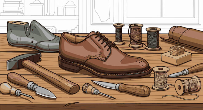 Brown leather shoe and cobbler's tools arranged on a wooden workbench