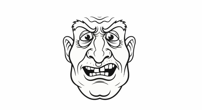 Cartoon illustration of a grimacing man's face with large ears and furrowed brow