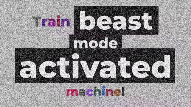 Glitchy gym motivation quote reading Train beast mode activated machine over a static noise background
