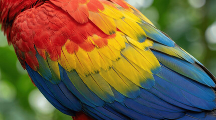 Obraz premium A close view shows the feathers of a parrot with bright red, yellow, and blue colors