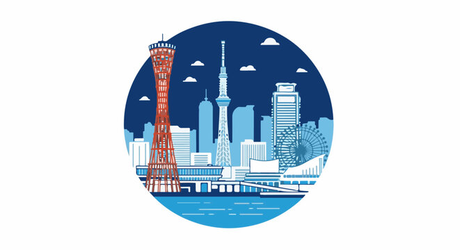 City skyline with prominent towers, buildings, and a Ferris wheel