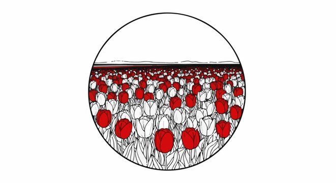 Circular frame contains a field of red and white tulips under a striped horizon line