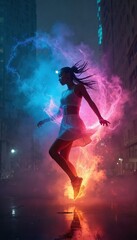 Obraz premium Woman dancer moves gracefully amid electric energy sparks, colored mist on wet city street at night. Performs ballet modern dance, leaping high with style, poise. Movement dynamic, fluid, creating