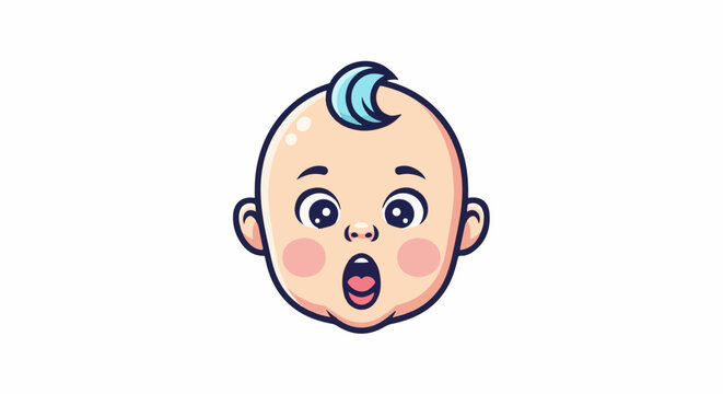 Cartoon baby face with wide eyes and open mouth, blue hair tuft