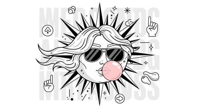 Cool Sun with Sunglasses and Bubble Gum Black and White Illustration.