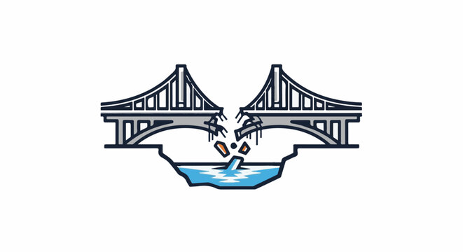 Broken bridge collapses into water with debris falling below