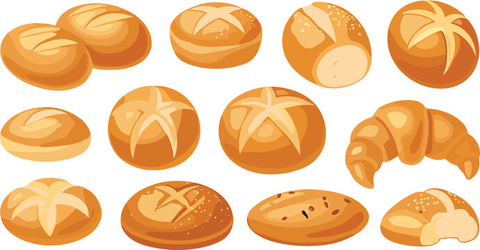 Fresh Bakery Bread Collection Set with Different Buns Loaves Croissant and Pastry Types in Warm Golden Color Flat Vector Illustration
