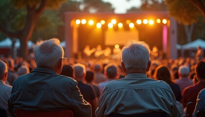 Fototapeta premium Elderly people watch open-air concert on stage with warm lights in park. Audience enjoys music and festive atmosphere during outdoor event. Crowd listens attentively in the evening.
