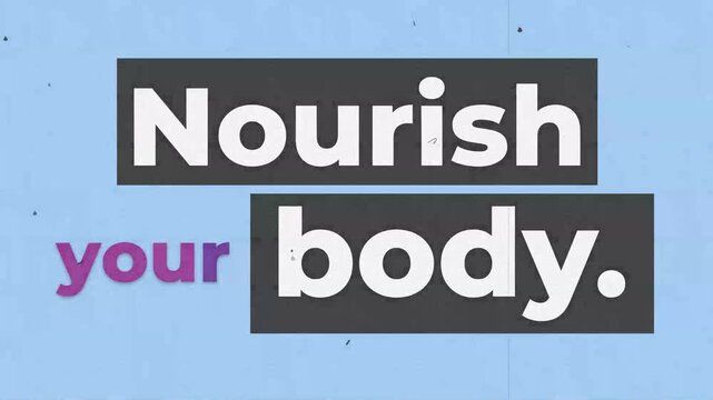 Gym motivation quote Nourish your body appears in a stopmotion cutout paper style on a blue textured background