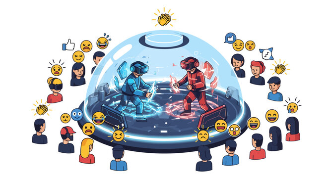 Robots fighting inside glass dome surrounded by people with emojis
