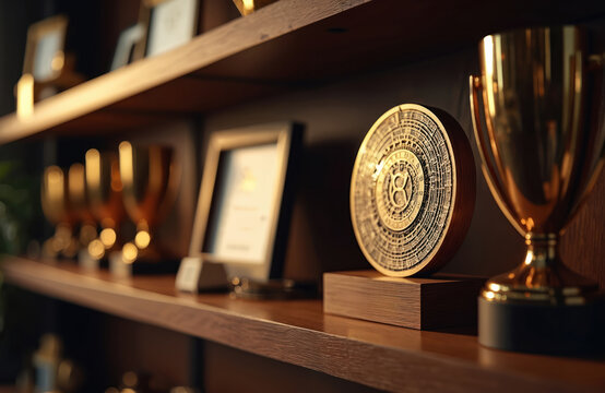Golden trophies and circular award sit on wooden shelf. Certificates in frames nearby. Represents achievement and success in any field. A symbol of victory.