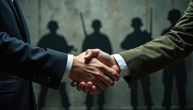 Businessman and military officer shake hands. Silhouettes of soldiers stand behind them. Agreement on defense cooperation and strategic alliance.