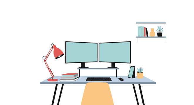 Modern home office setup with dual monitors and minimalist decor isolated on white background