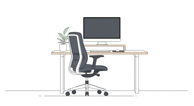 Modern office workspace with computer and chair on white background vector
