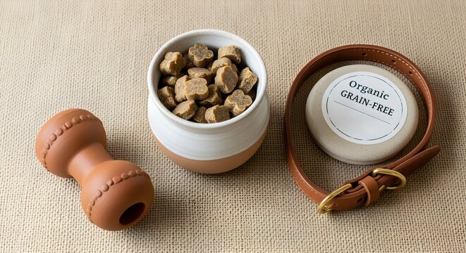 A beautiful flat lay of organic, grain-free dog treats in a ceramic jar, next to a stylish leather collar and a natural rubber toy on a textured background.