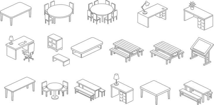 A comprehensive collection of isometric furniture icons featuring various tables desks benches and chairs for interior design projects