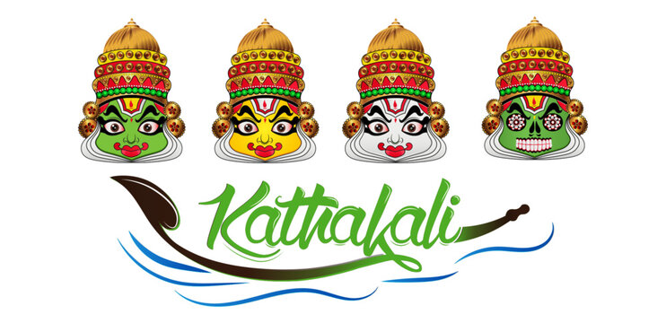 Kathakali Kerala Cultural Dance Faces Vector Illustration, Traditional Indian Festival Art, Kerala Culture Icon Design