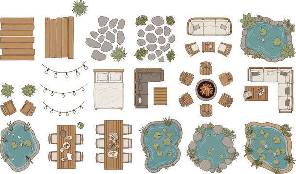 Top View Garden Landscape Design Elements Set Featuring Ponds Furniture Decking And Decorative Lighting For Architectural Planning