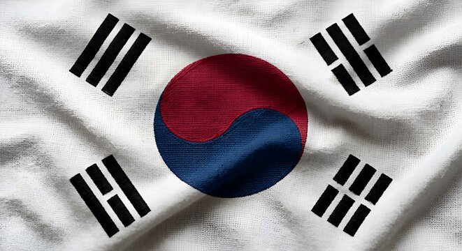 Highly realistic macro top view photo of South Korea flag fabric with white background red blue taegeuk and black trigrams