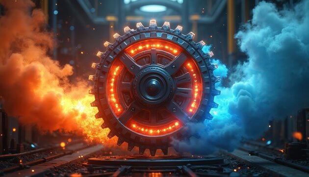 Glowing metal gear with orange light inside. Fire smoke on one side blue on other. Industrial background on rails. Energy power motion concept art.