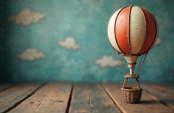 Vintage toy hot air balloon sits on wooden planks before a teal wall painted with clouds. Whimsical prop evokes childhood dreams and imaginative travel adventures.