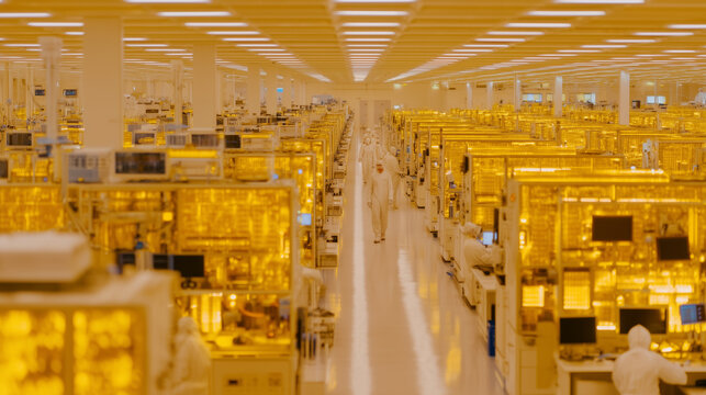 Wide establishing view of a semiconductor fab interior at shift change, hundreds of workers in colored bunny suits moving between yellow and white lit bays, equipment glowing through polycarbonate p