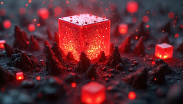 Abstract red glowing cubes emerge from dark rocky terrain. Digital art with particles float in atmosphere. Futuristic concept with sharp shapes and bright illumination.