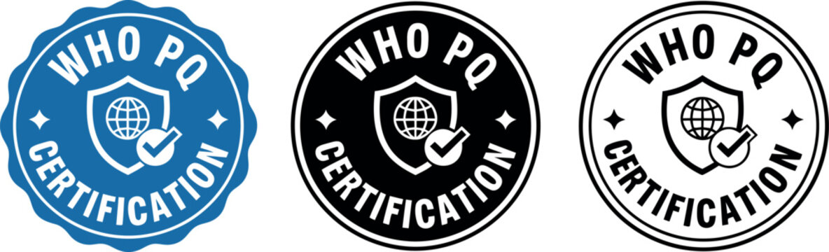 WHO PQ Certification Badge Vector Set &ndash; Blue, Black, and White Quality Assurance Icons for Official Documents