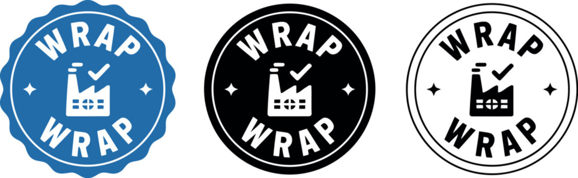 WRAP certified factory badge icons set in blue, black, and white for ethical manufacturing and compliance