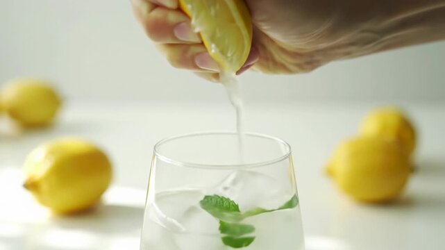 Ethnically ambiguous hands meticulously slice and squeeze vibrant yellow lemons on a pristine white surface, as glistening juice splashes into a glass with ice and mint, creating a refreshing video.