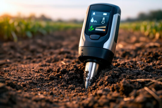 Close up of digital soil sensor measuring moisture and temperature in dirt.