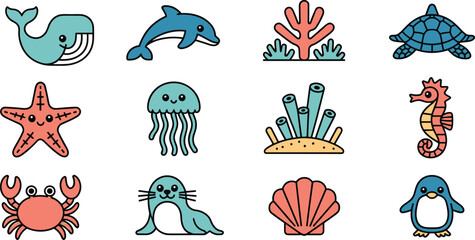 Cute sea animal vector icon set featuring whale dolphin turtle starfish jellyfish seahorse crab seal penguin and coral reef © MdAbdur