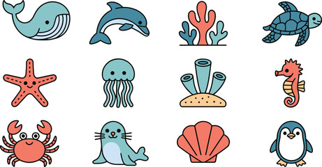 Cute sea animal vector icon set featuring whale dolphin turtle starfish jellyfish seahorse crab seal penguin and coral reef © MdAbdur
