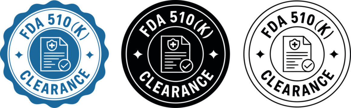 FDA 510(k) Clearance Badge Icons Set &ndash; Medical Device Approval Certification Labels in Blue, Black, and White