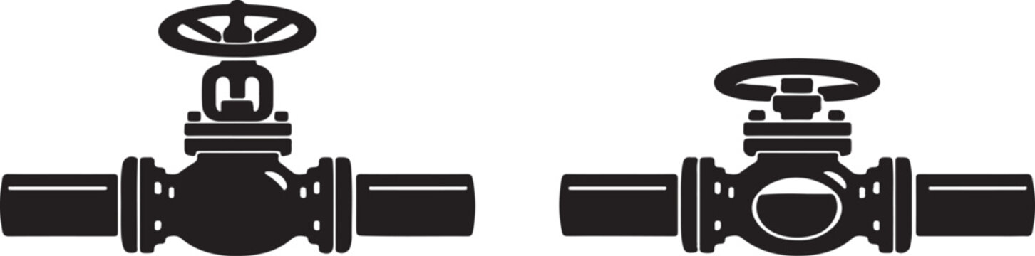 silhouette Vector pipe fitting symbol silhouette. Water, oil or gas pipeline with fittings and valves. Pipeline and black tap, open, close. Globe valve icon vector