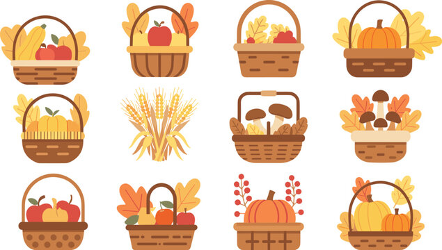 Autumn harvest basket vector icon set with pumpkins apples mushrooms wheat and fall leaves for thanksgiving and seasonal decor