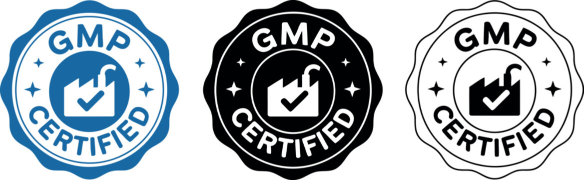 GMP Certified Badge Icons Set &ndash; Quality Assurance, Manufacturing Compliance, Vector Emblem Design