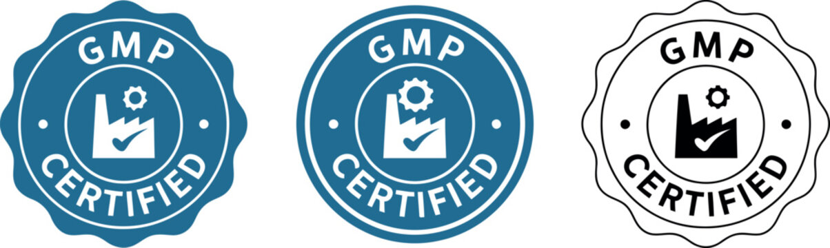 GMP Certified Badge Icons Set &ndash; Quality Assurance, Manufacturing Compliance, Vector Emblems for Labels and Packaging