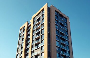Obraz premium Modern skyscraper rises against clear blue sky. Contemporary building features glass windows, unique facade design. Urban architecture residential office space. Clean lines highlight modern style,