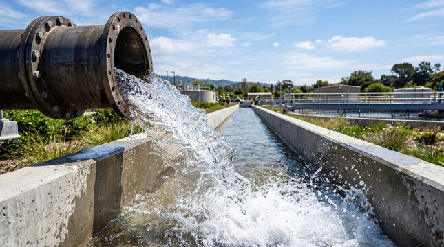 steel pipe discharging flowing water into concrete canal at wastewater treatment plant, workers in background, sunny day, hydraulic infrastructure, irrigation, water management, sewage, purification