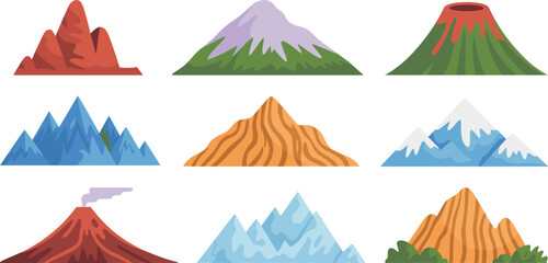 Mountain and volcano vector icon set featuring snow capped peaks lava eruptions red rocks and hills for outdoor adventure © MdAbdur