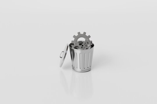 3d recycle bin with gears icon. system cleanup concept. minimal cartoon trash can cogwheels for maintenance app. isolated on white transparent background. 3d render.