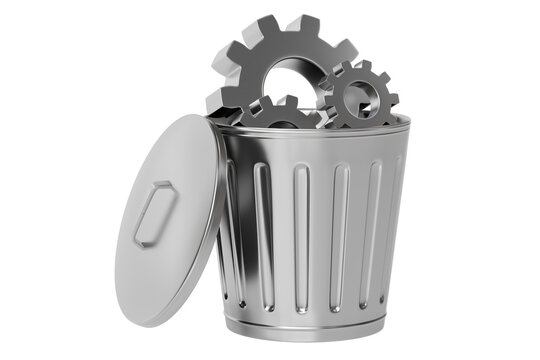 3d recycle bin with gears icon. system cleanup concept. minimal cartoon trash can cogwheels for maintenance app. isolated on white transparent background. 3d render.