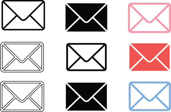 Email envelope vector icon set featuring various styles including outline solid and colorful designs for mail and communication